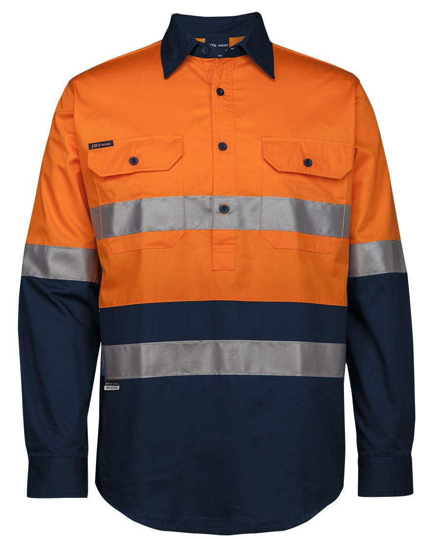 JB's Hi Vis (D+N) Close Front L/S 150g Work Shirt - Orange/Navy - Front