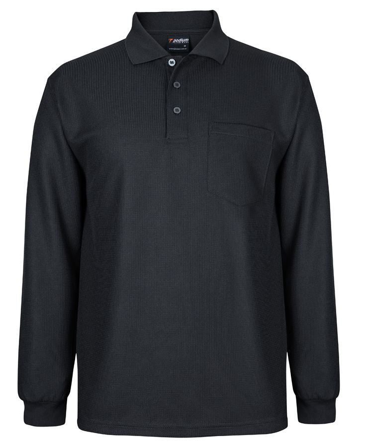 Podium L/S Waffle Pocket Polo - Black - Front