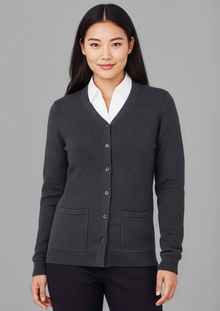 Button Front Womens Knit Cardigan - Charcoal - Model