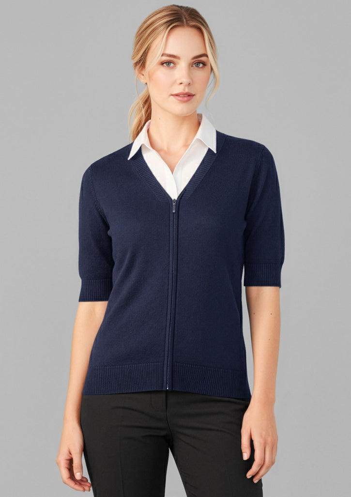 Zip Front Womens Short Sleeve Knit Cardigan - Navy - Model