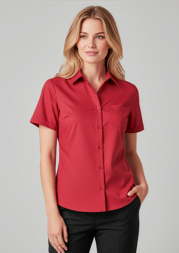 Florence Womens Plain Short Sleeve Shirt - Cherry - Model