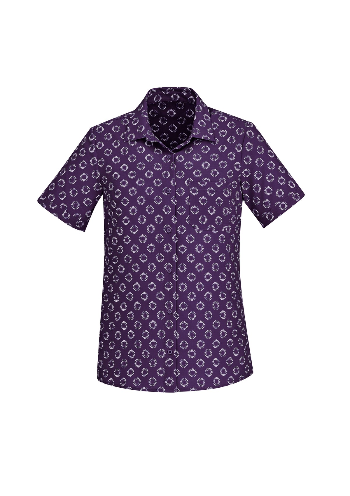Florence Womens Daisy Print Short Sleeve Shirt - Purple - Front