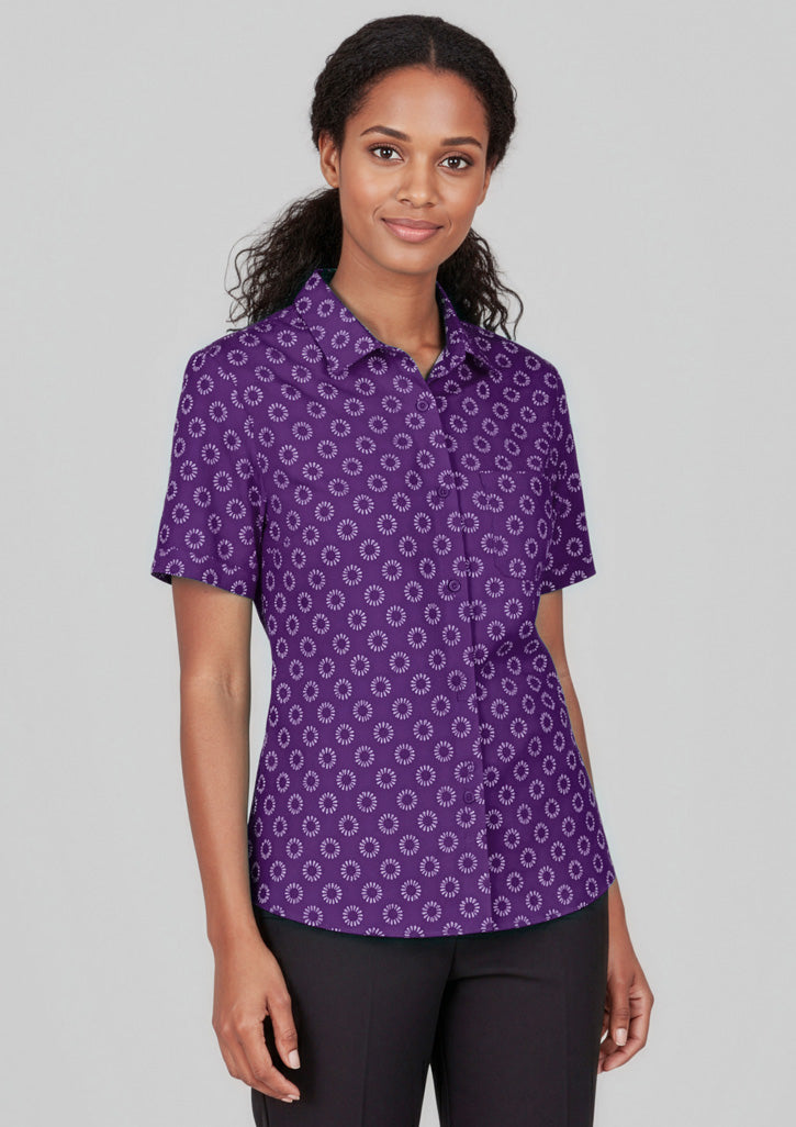 Florence Womens Daisy Print Short Sleeve Shirt - Purple - Model
