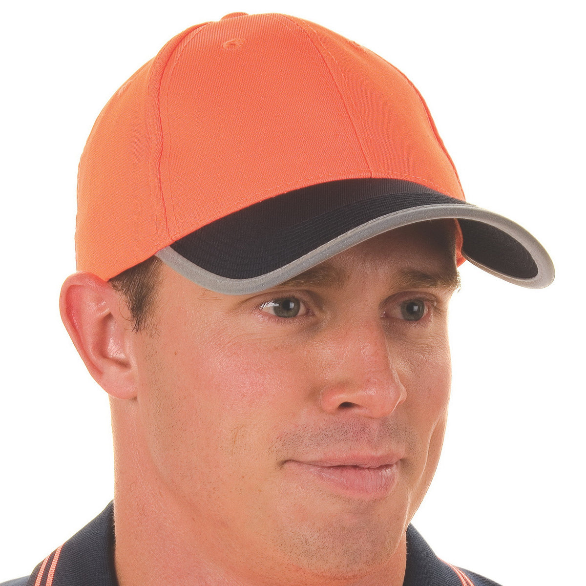 HiVis 2 tone cap with reflective trim & velcro strap - Orange/Navy