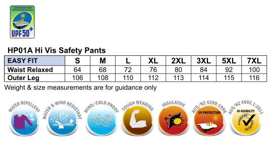 Hi-Vis Safety Pants - Size guide