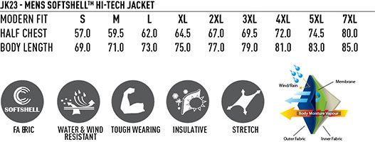 Men's Softshell High-Tech Jacket - Size guide