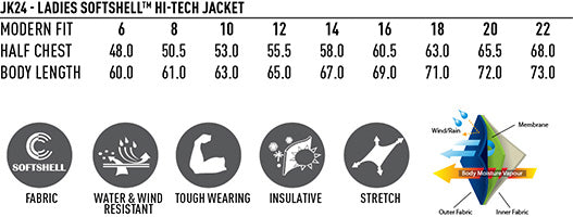 Ladies Softshell Hi-Tech Jacket - Size guide