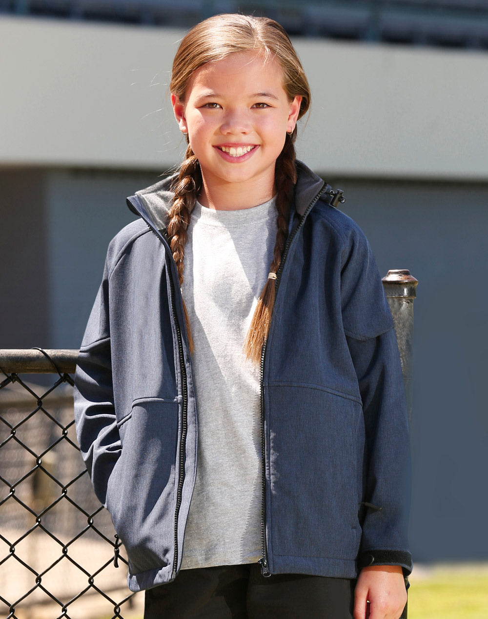 Aspen Softshell Hood Jacket Kids' - Marl Navy/Charcoal - Model
