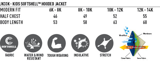 Aspen Softshell Hood Jacket Kids' - Size guide