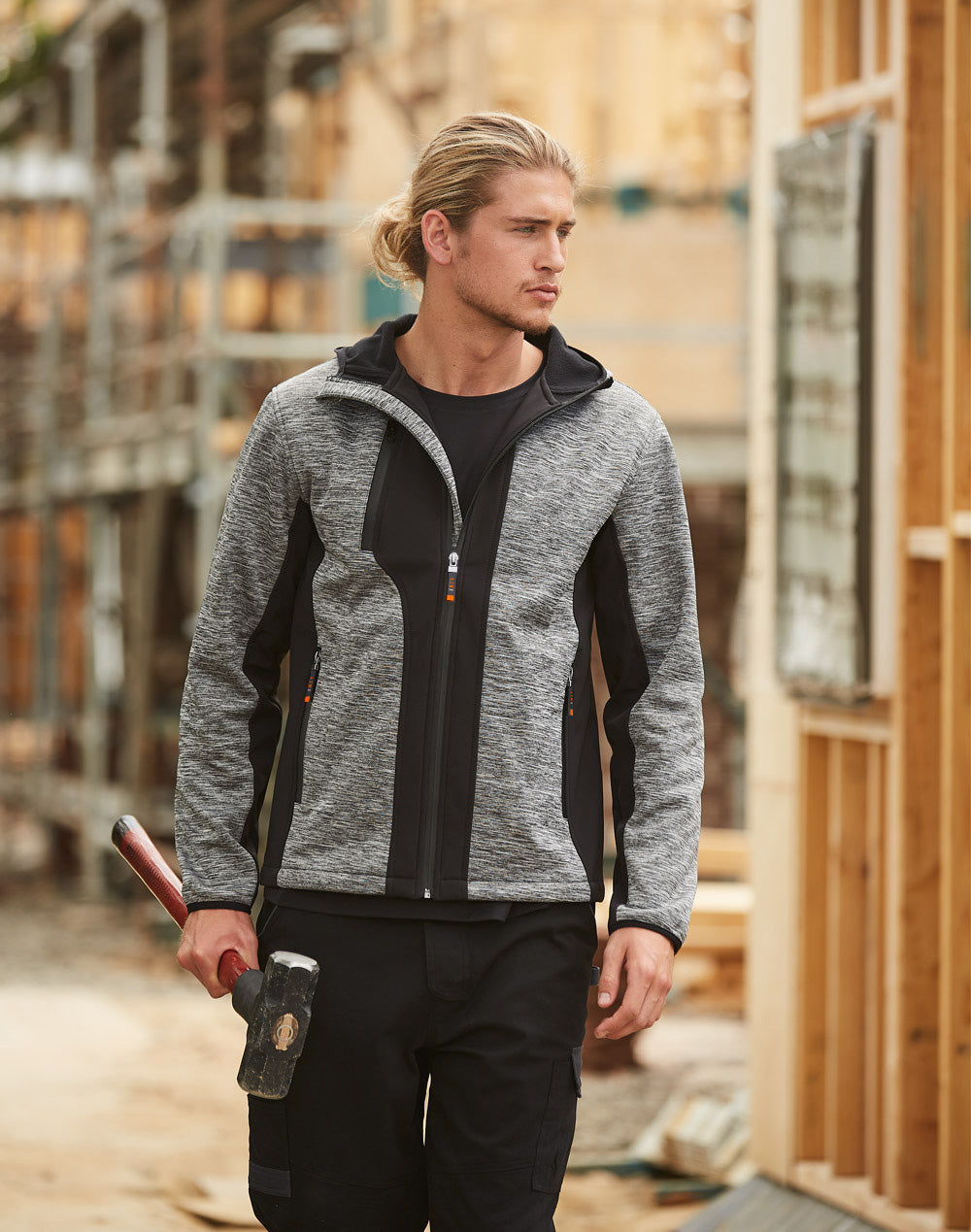 Laminated Functional Knit Hoodie - Marl Grey/Black - Model