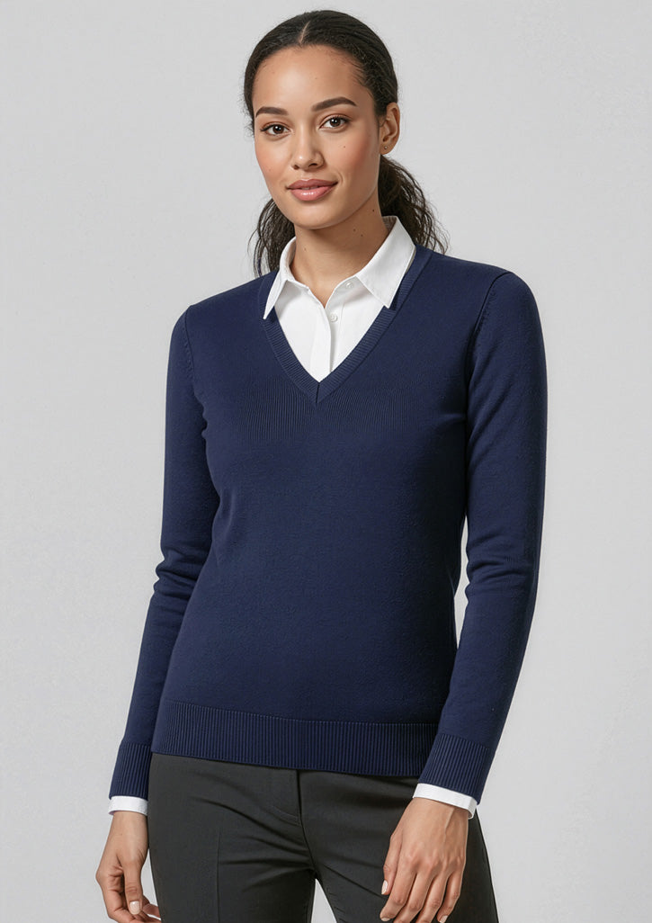 V-Neck Womens Knit Pullover - Navy - Model
