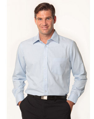 Men's Mini Herringbone Long Sleeve Shirt - Pale Blue - Model