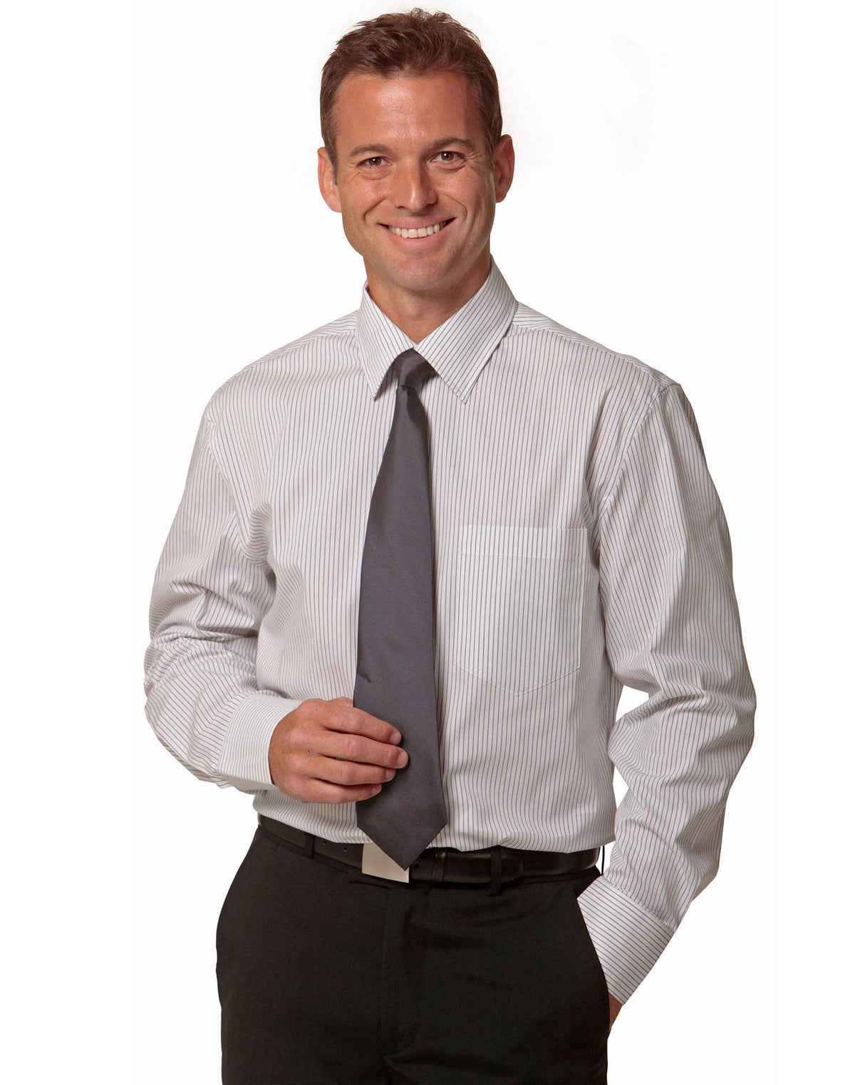 Men's Ticking Stripe Long Sleeve Shirt - White/Grey - View