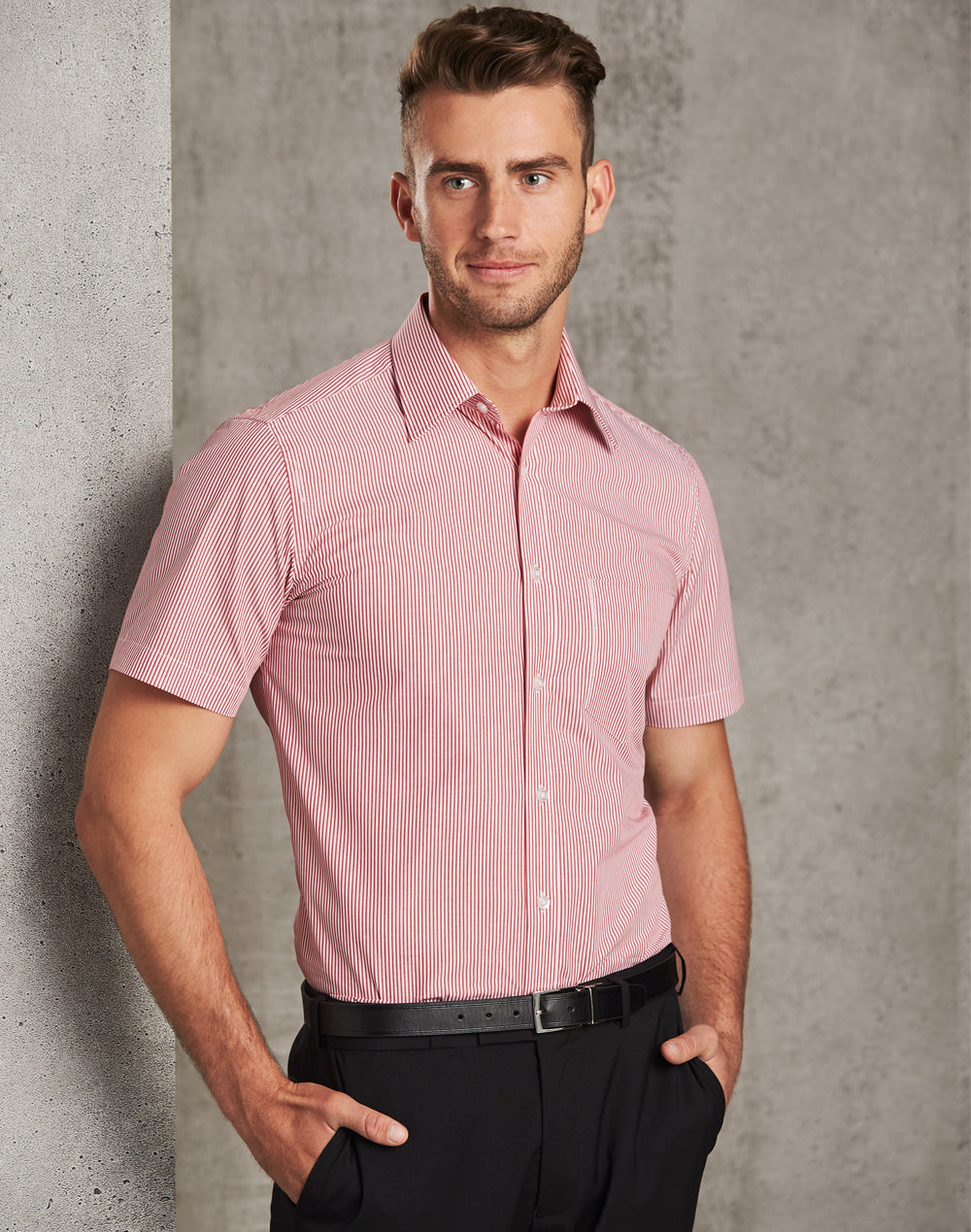 Men's Balance Stripe Short Sleeve Shirt - Red/White - Model