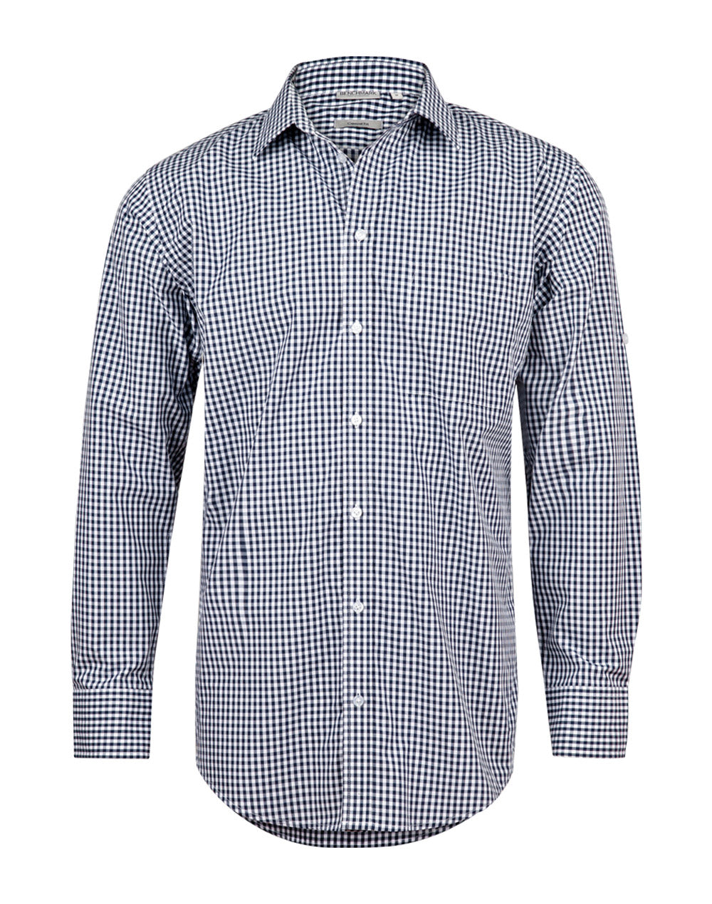 Men’s Gingham Check Long Sleeve Shirt with Roll-up Tab Sleeve - Navy/White - Front