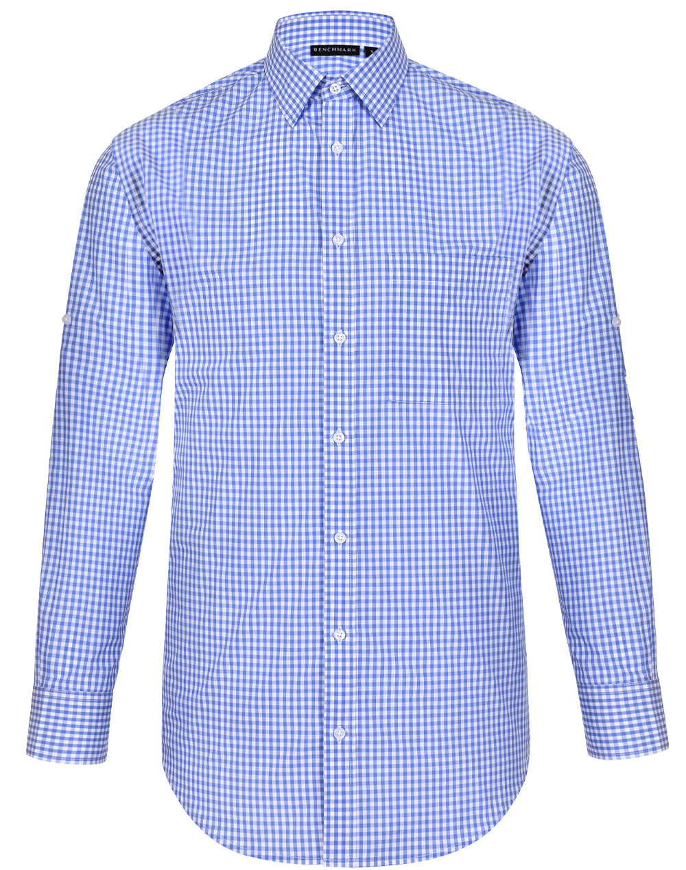 Men’s Gingham Check Long Sleeve Shirt with Roll-up Tab Sleeve - Skyblue/White - Front