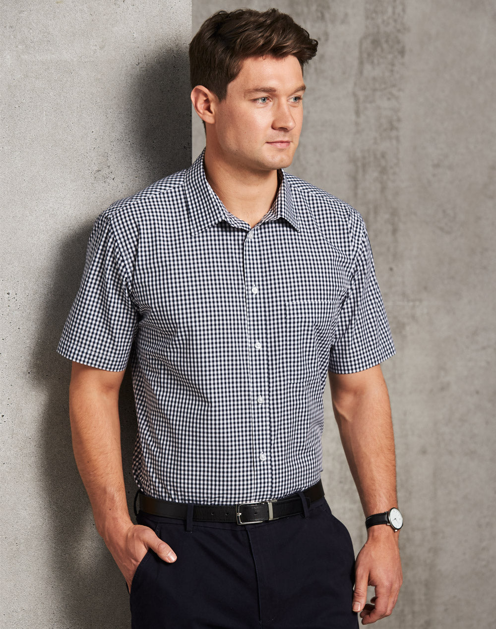 Men’s Gingham Check Short Sleeve Shirt - Black/White - Model