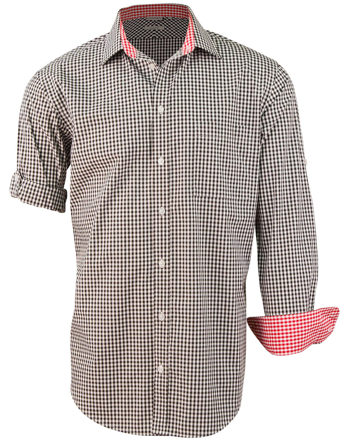 Men’s Gingham Check Long Sleeve Shirt with Roll-up Tab Sleeve - view