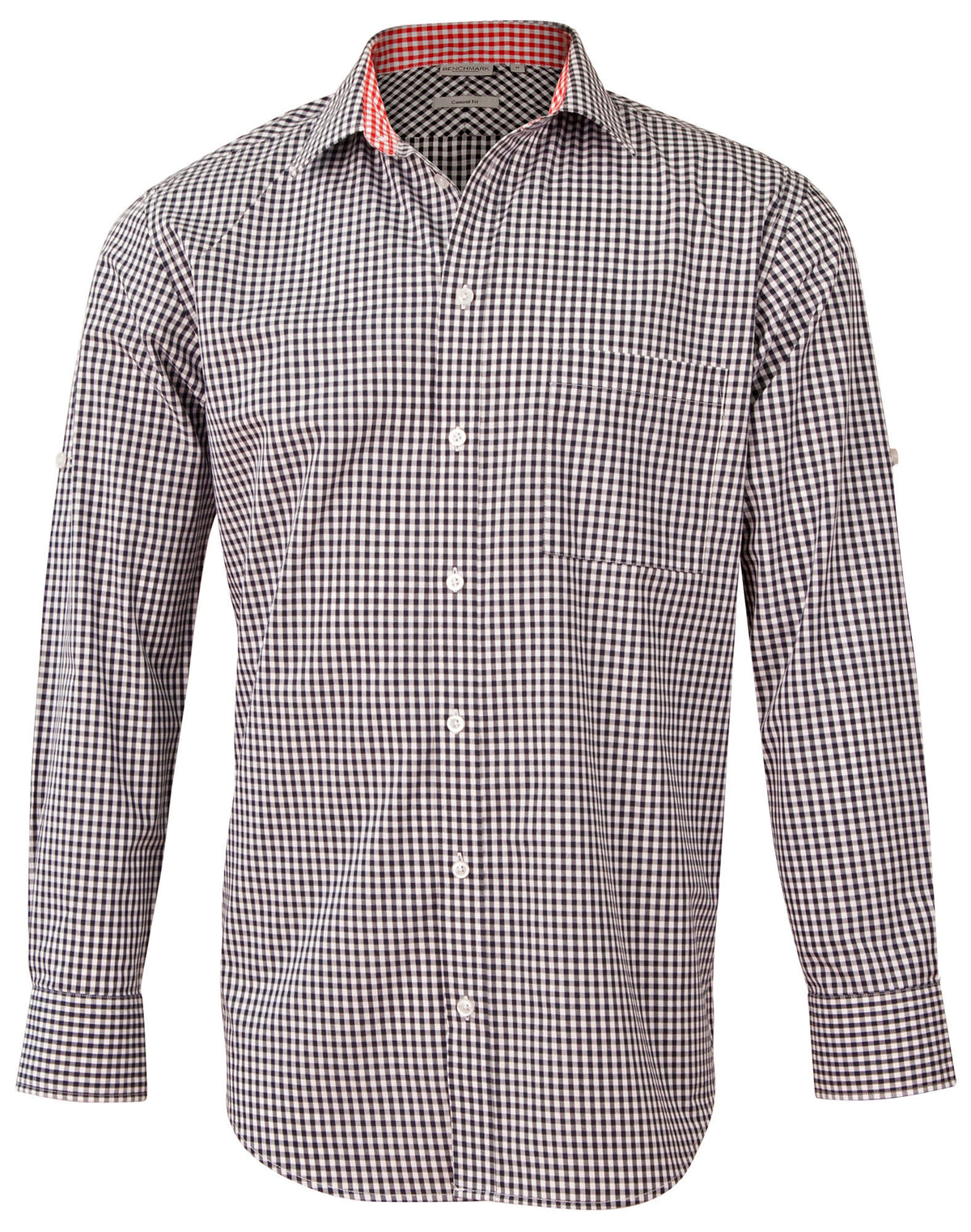 Men’s Gingham Check Long Sleeve Shirt with Roll-up Tab Sleeve - Navy/White - Front