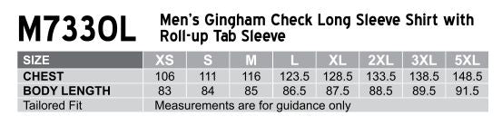 Men’s Gingham Check Long Sleeve Shirt with Roll-up Tab Sleeve - Size guide