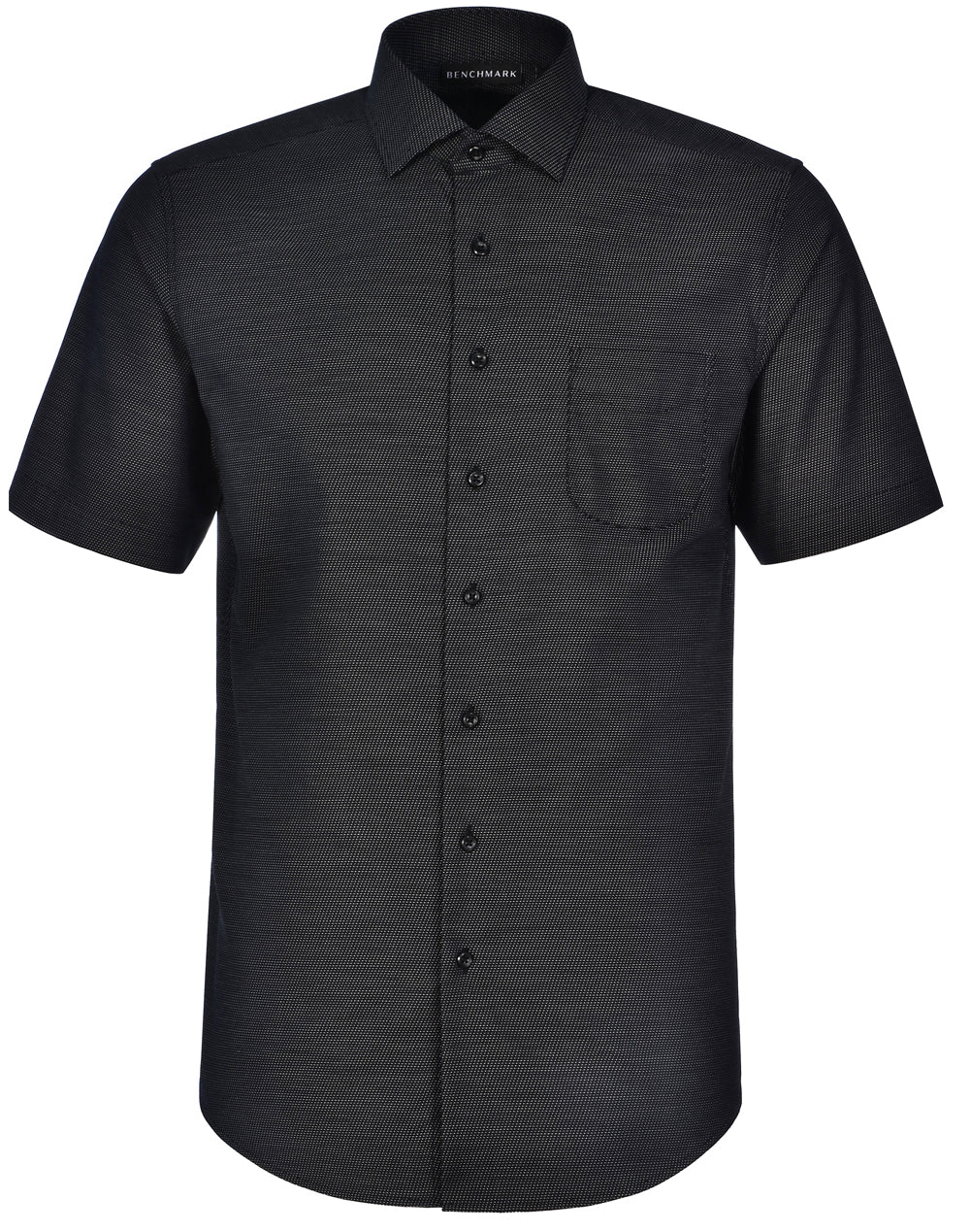 Ascot Mens Short Sleeve Dot Jacquard Stretch Shirt - Black - Front