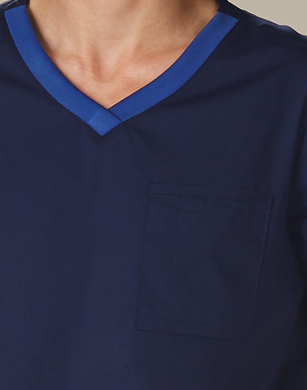 Mens V-Neck Contrast Trim Scrub Top - Navy/Royal - View