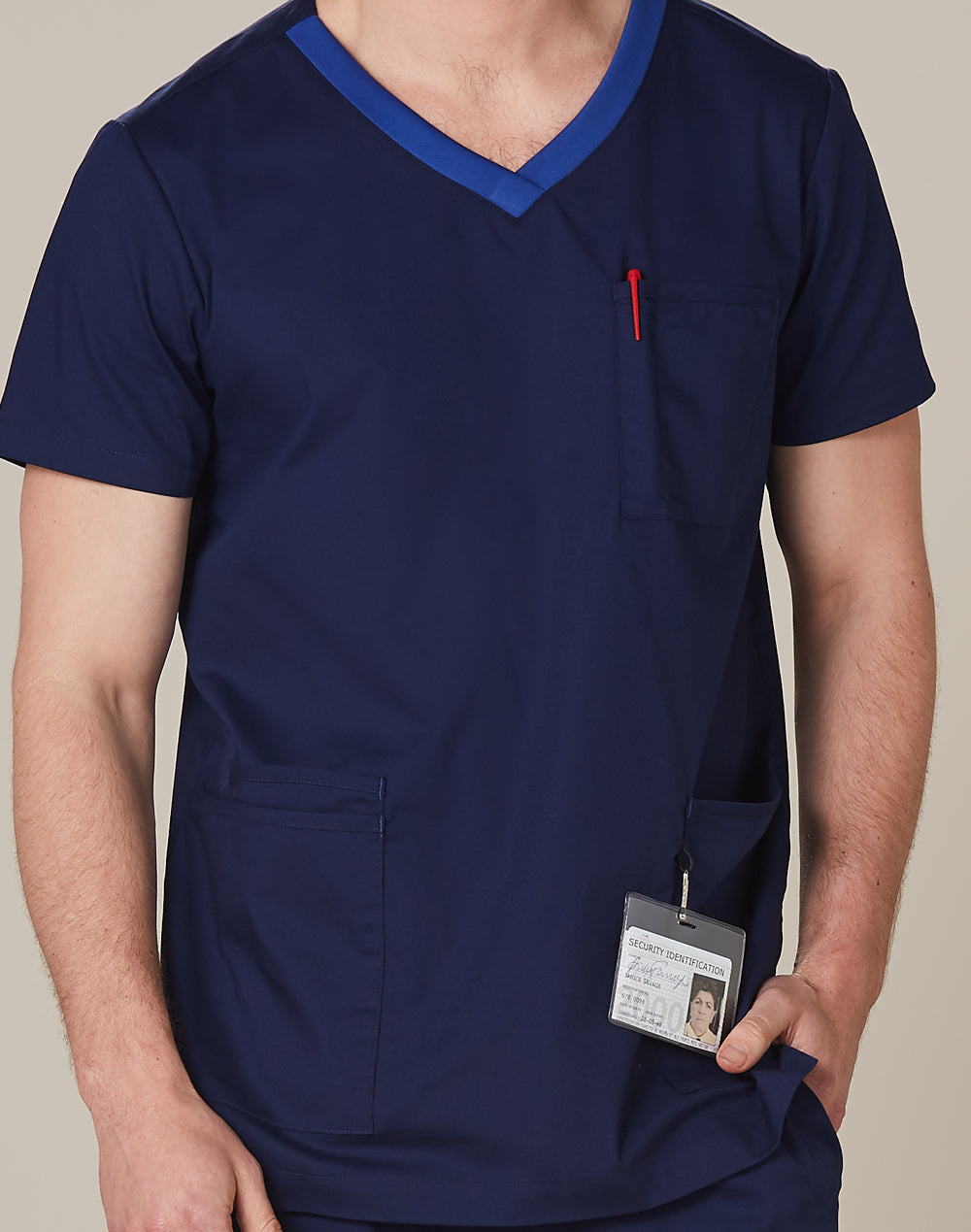 Mens V-Neck Contrast Trim Scrub Top - Navy/Royal - View