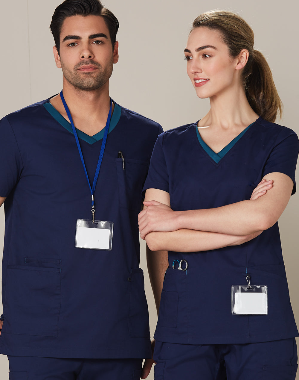 Mens V-Neck Contrast Trim Scrub Top - Navy/Teal - View