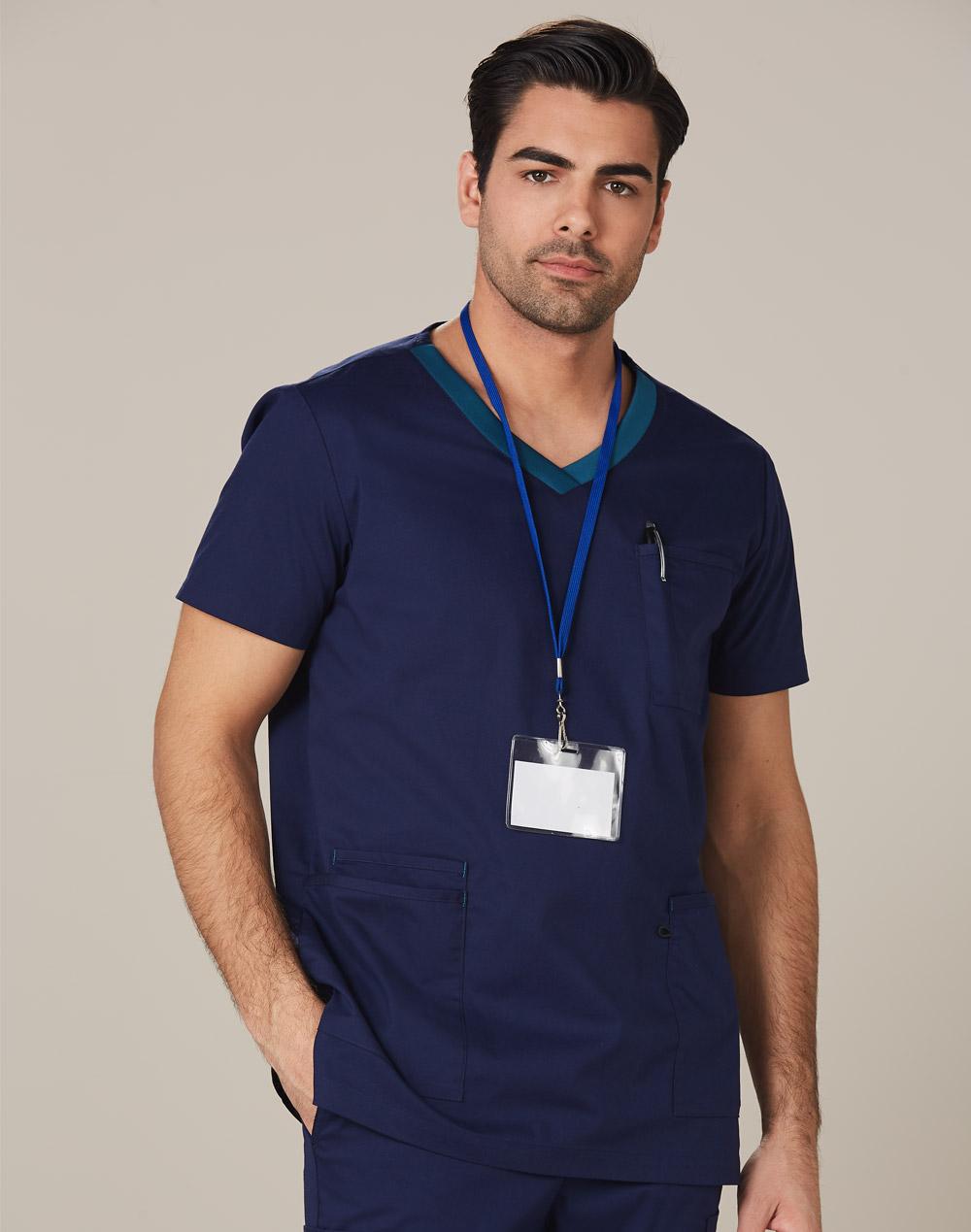Mens V-Neck Contrast Trim Scrub Top