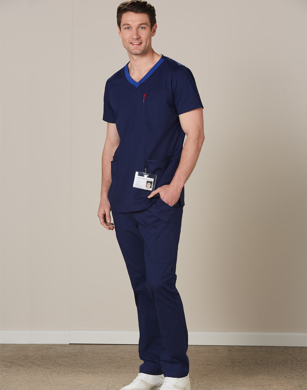 Mens V-Neck Contrast Trim Scrub Top - view