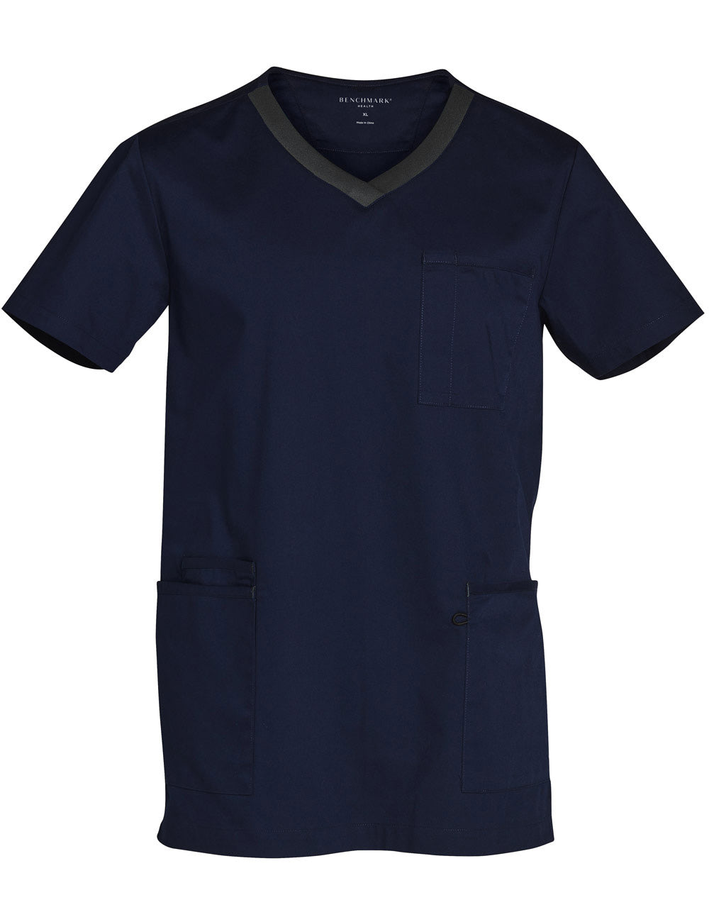 Mens V-Neck Contrast Trim Scrub Top - Navy/Charcoal - Front
