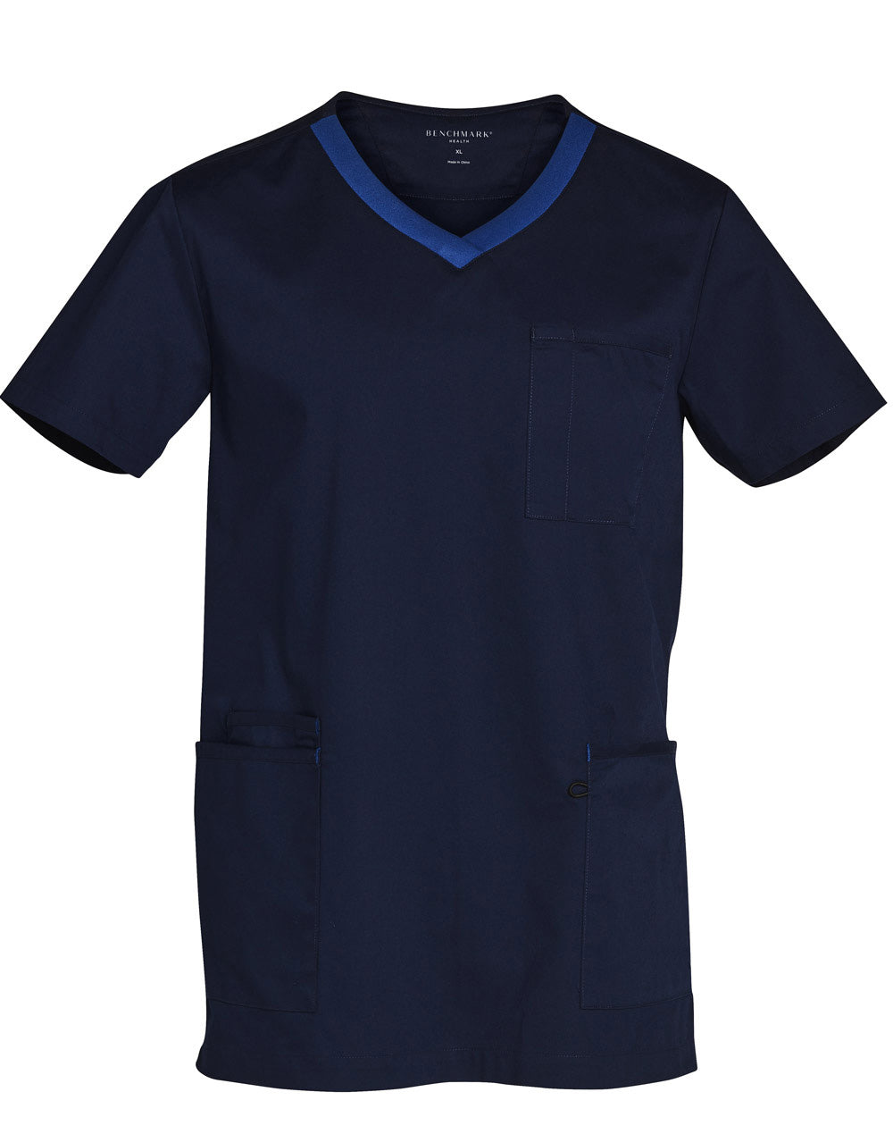 Mens V-Neck Contrast Trim Scrub Top - Navy/Royal - Front