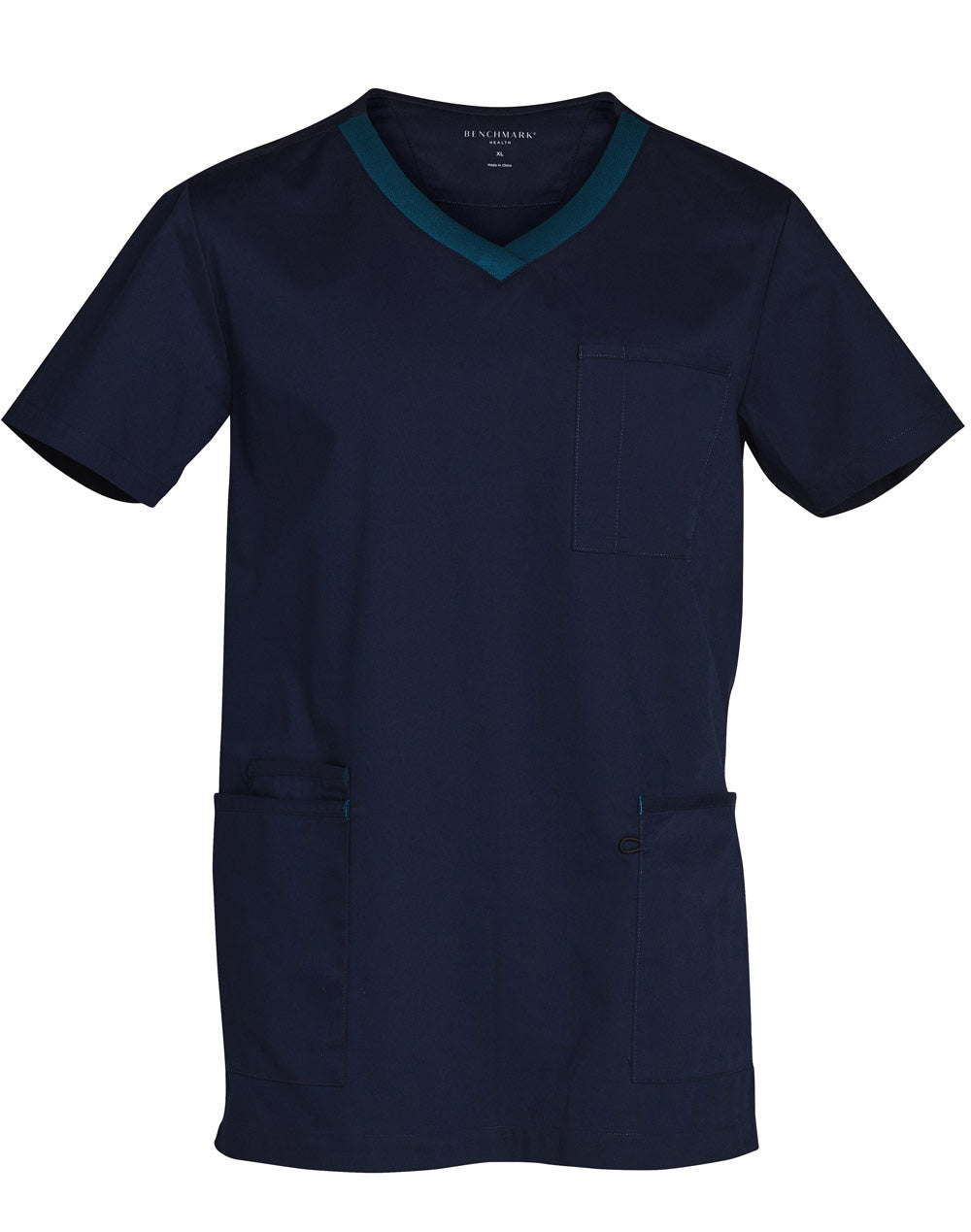 Mens V-Neck Contrast Trim Scrub Top - Navy/Teal - Front