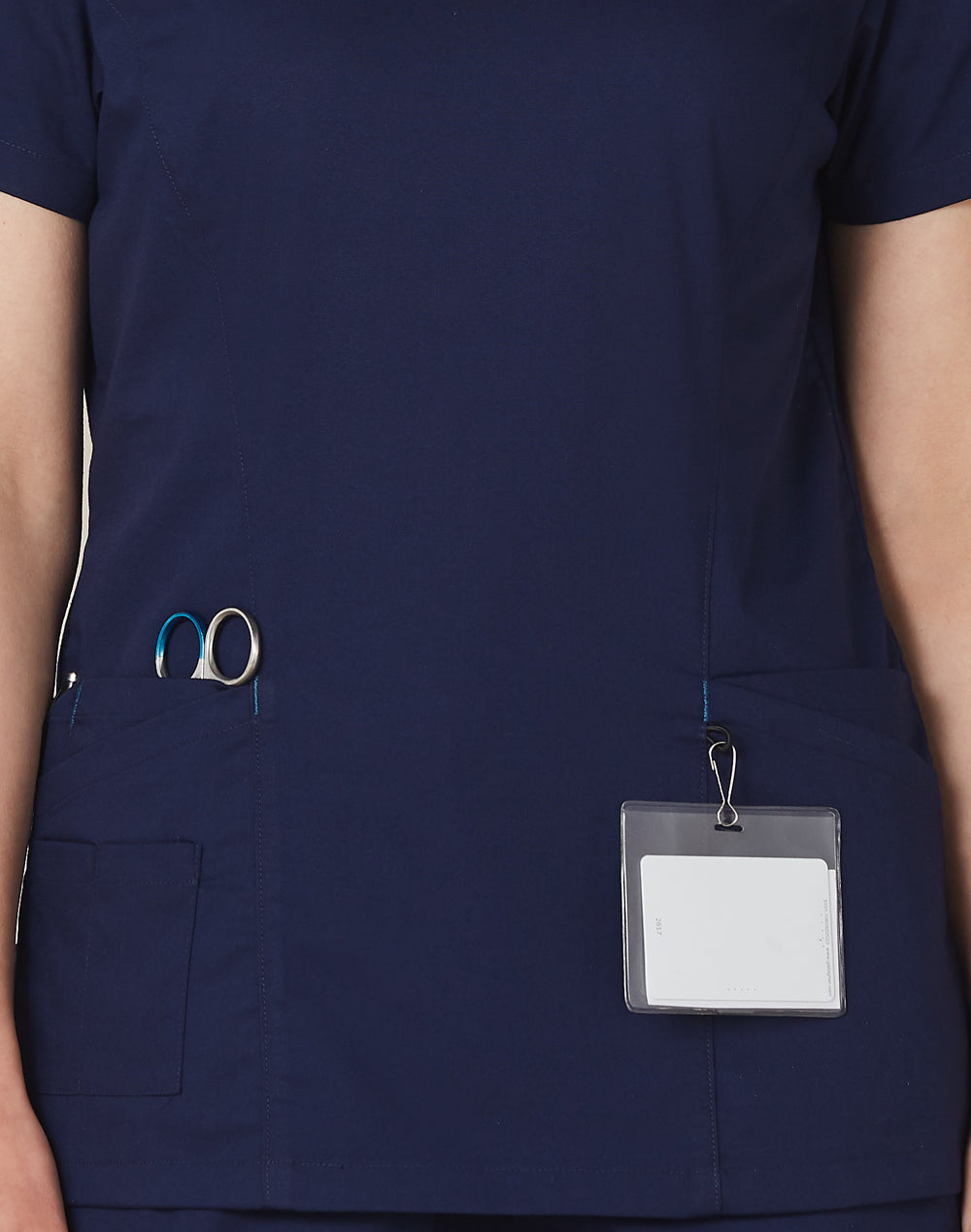 Ladies V-Neck Contrast Trim Scrub Top - Navy/Charcoal - View