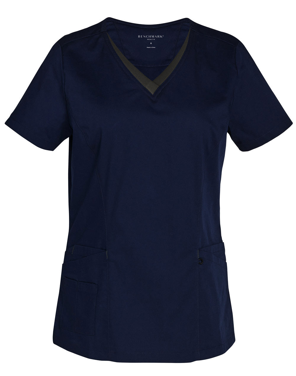 Ladies V-Neck Contrast Trim Scrub Top - Navy/Charcoal - Front
