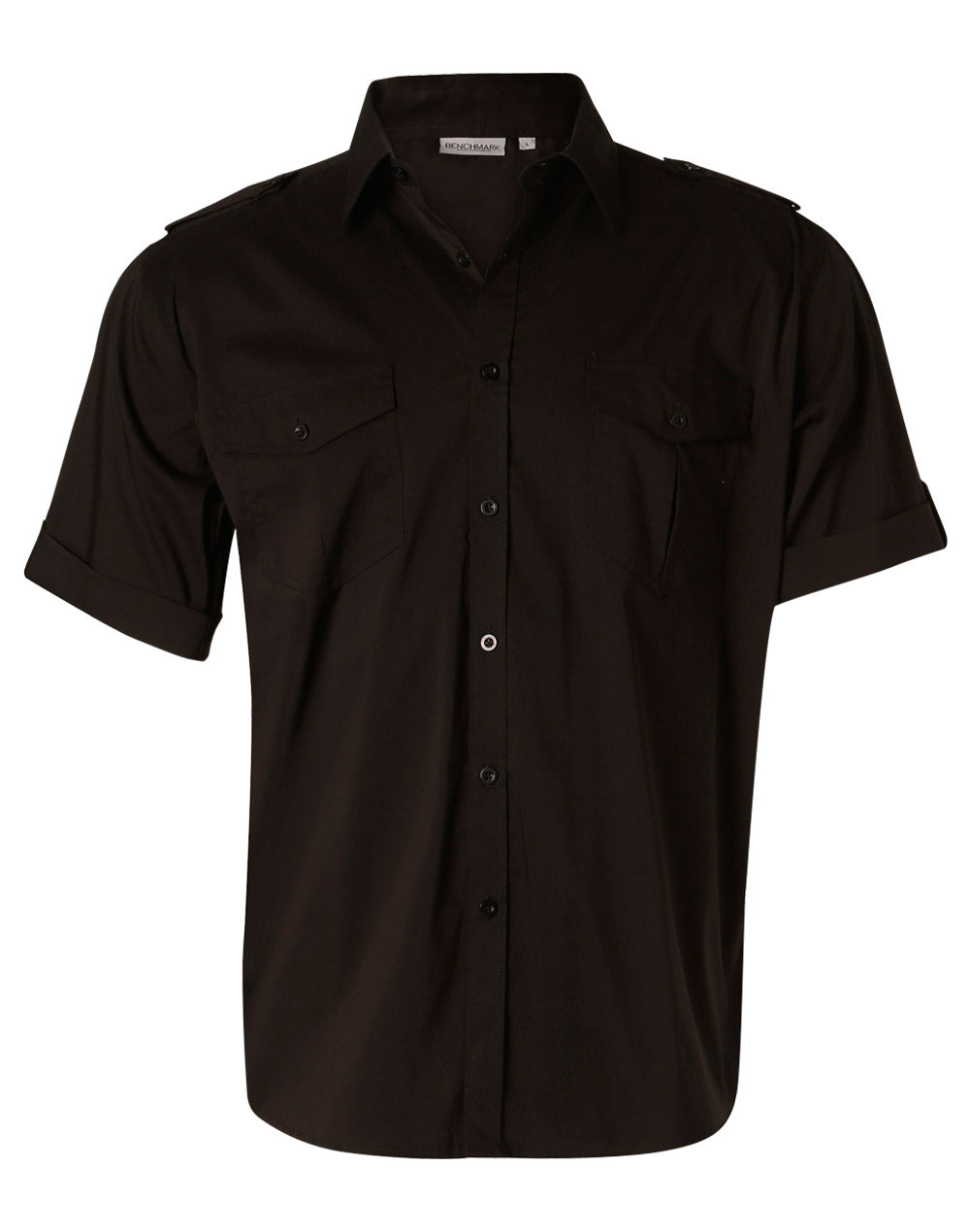 Men's Short Sleeve Military Shirt - Black - Front