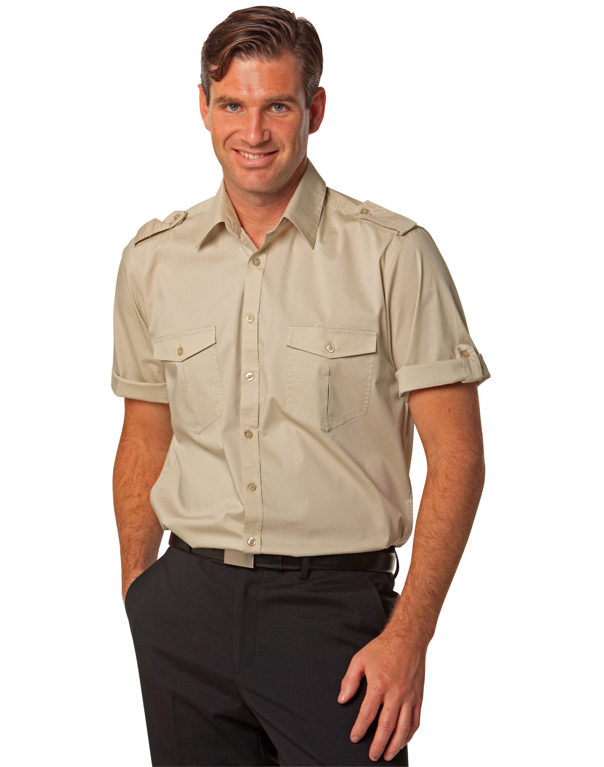 Men's Short Sleeve Military Shirt - Sand - View