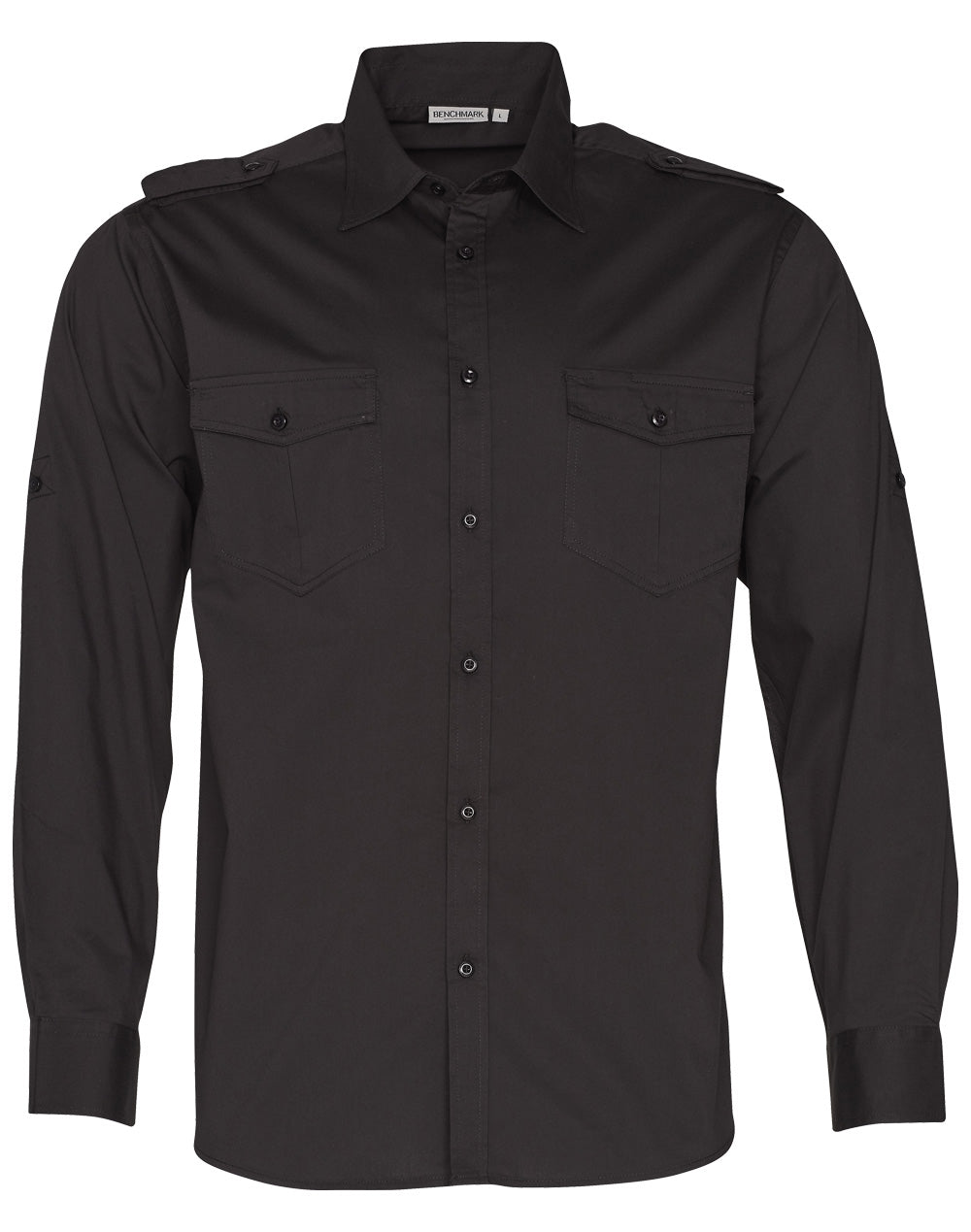 Men's Long Sleeve Military Shirt - Black - Front