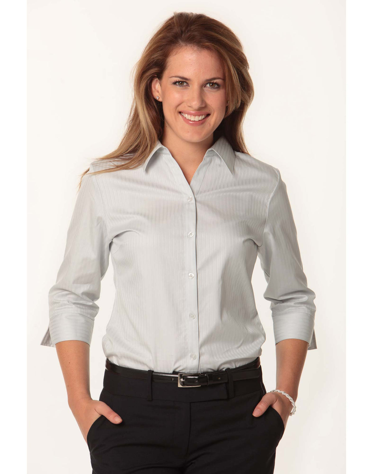 Women's Self Stripe 3/4 Sleeve Shirt [Clearance] - Silver Grey - Front
