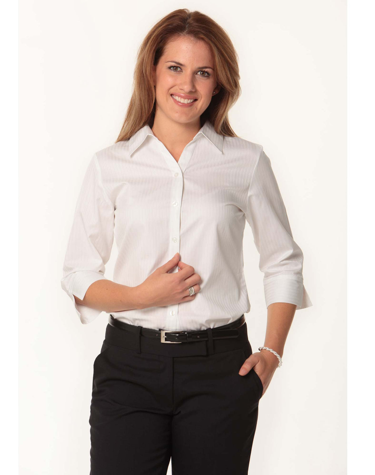 Women's Self Stripe 3/4 Sleeve Shirt [Clearance] - White - Front