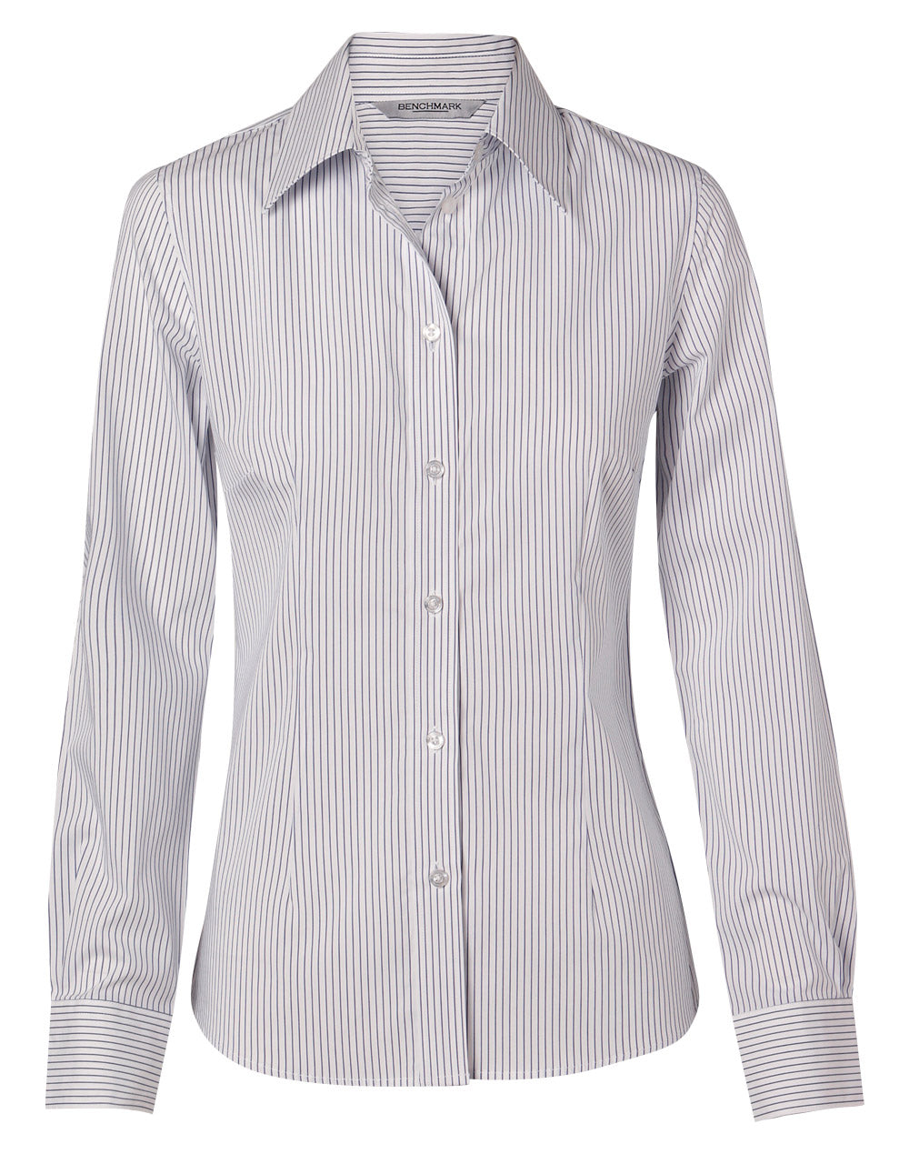 Women's Ticking Stripe Long Sleeve Shirt - White/Blue - Front