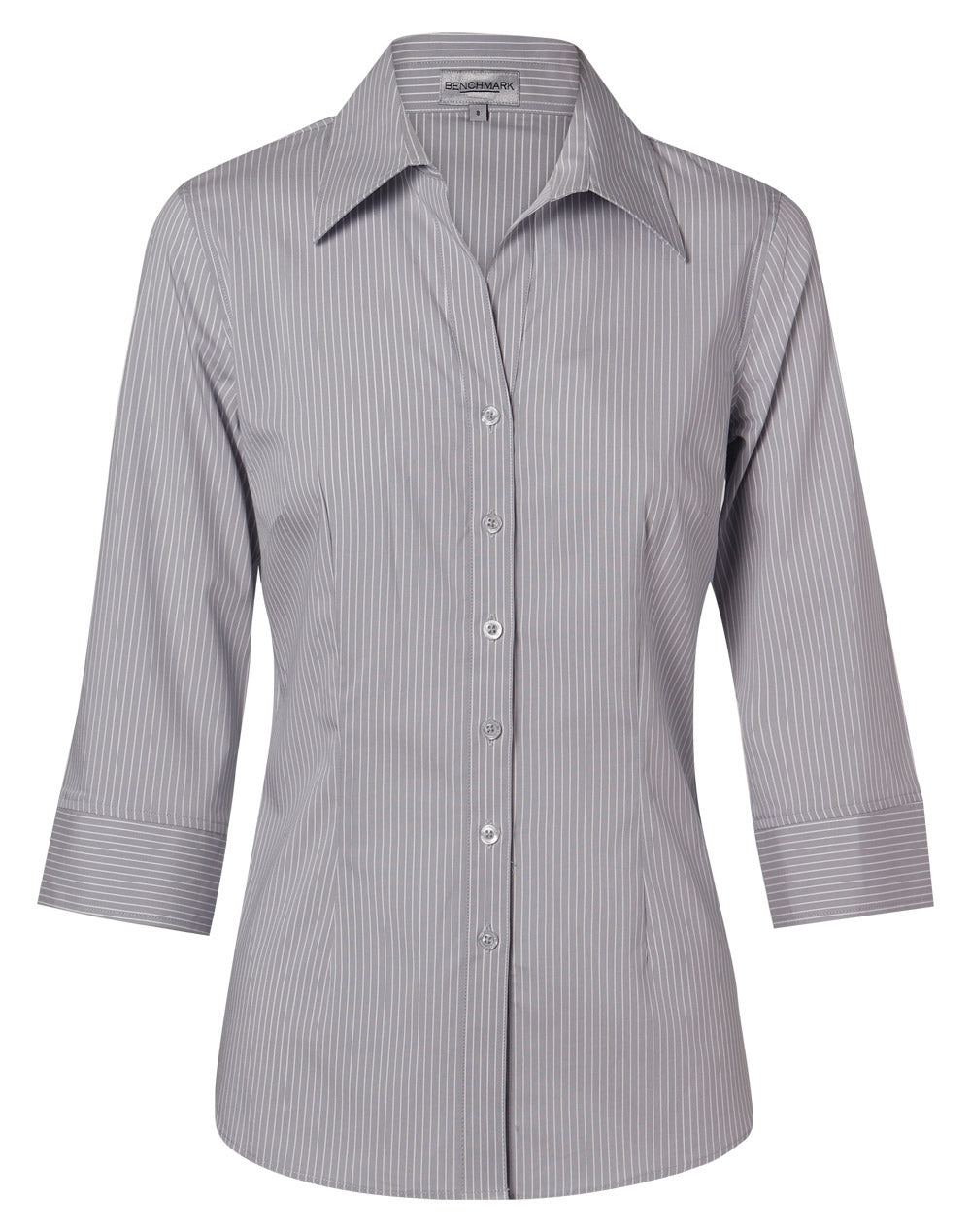 Women's Ticking Stripe 3/4 Sleeve Shirt - Grey/White - Front