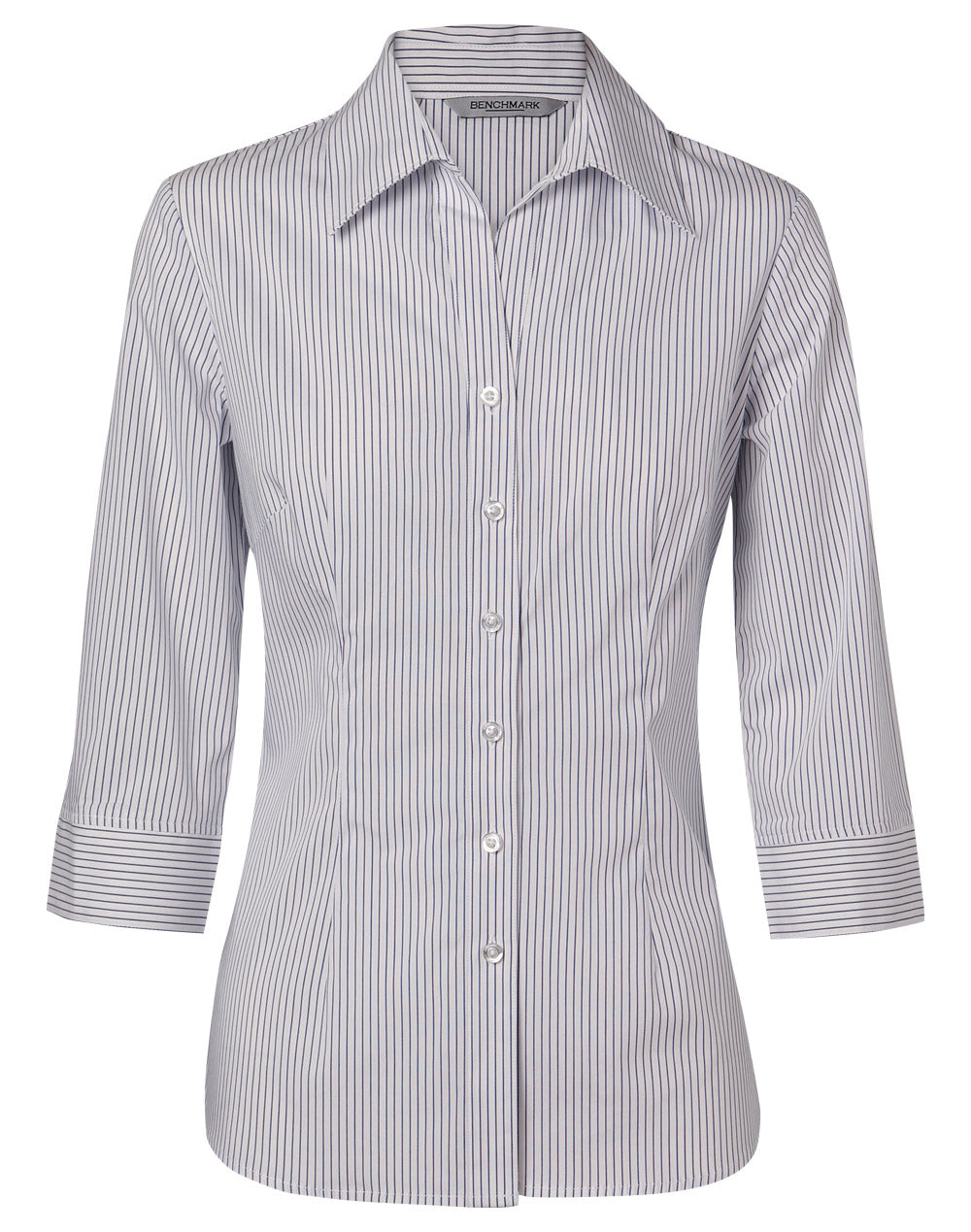 Women's Ticking Stripe 3/4 Sleeve Shirt - White/Blue - Front