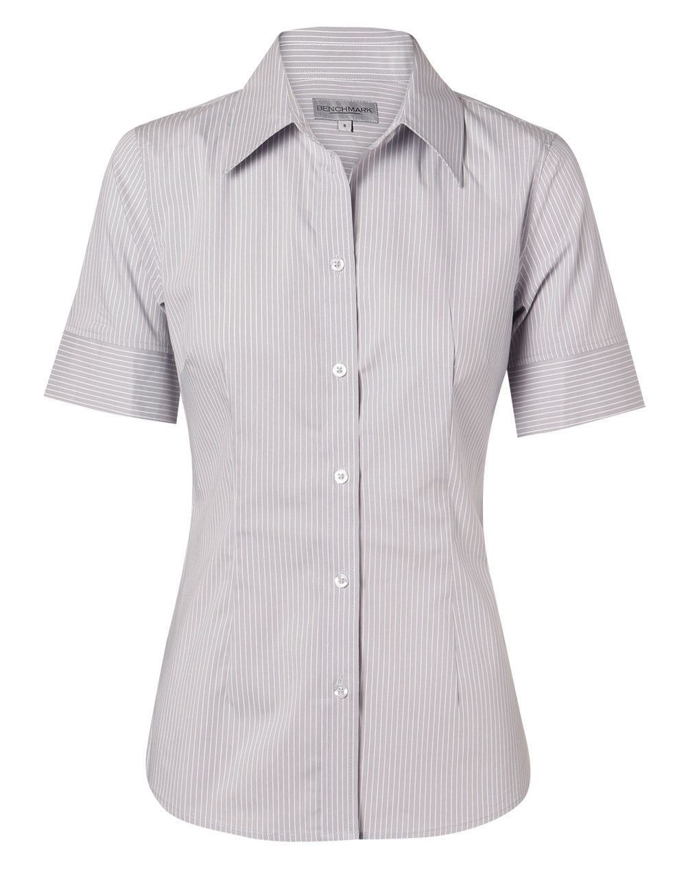 Women's Ticking Stripe Short Sleeve Shirt - Grey/White - Front