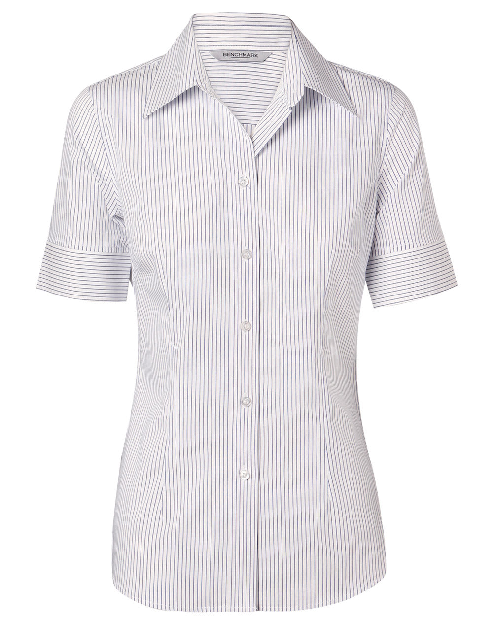 Women's Ticking Stripe Short Sleeve Shirt - White/Blue - Front