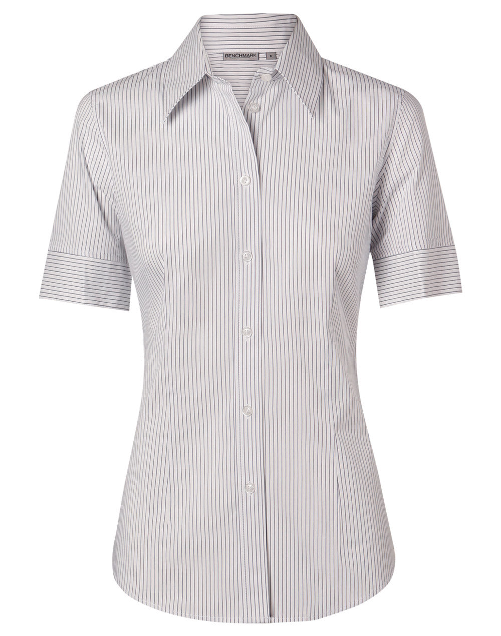 Women's Ticking Stripe Short Sleeve Shirt - White/Grey - Front