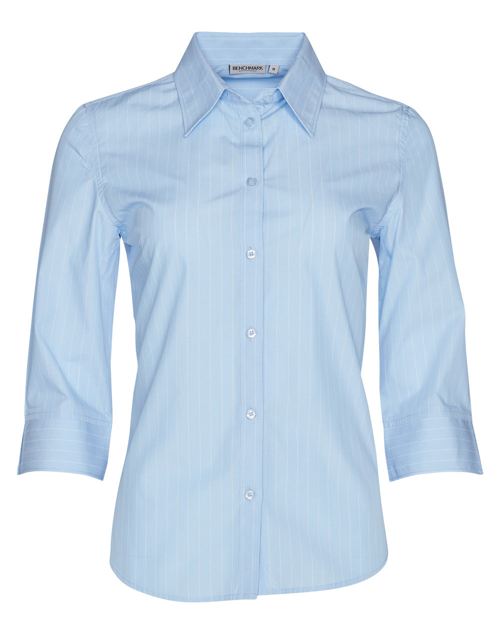 Women's Pin Stripe 3/4 Sleeve Shirt - Blue Chambray/White - Front