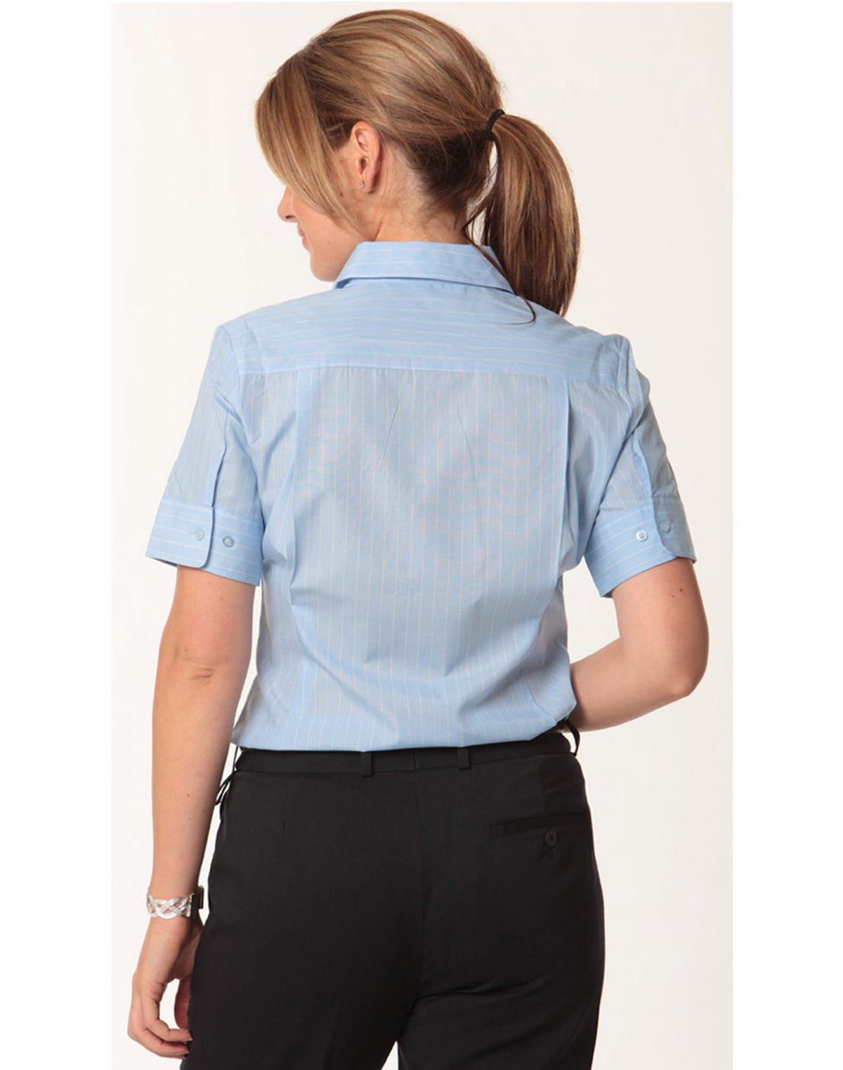Women's Pin Stripe Short Sleeve Shirt - Blue Chambray/White - Back