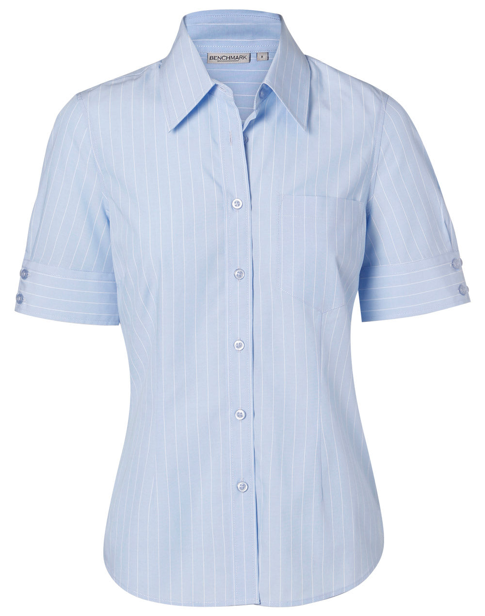 Women's Pin Stripe Short Sleeve Shirt - Blue Chambray/White - Front