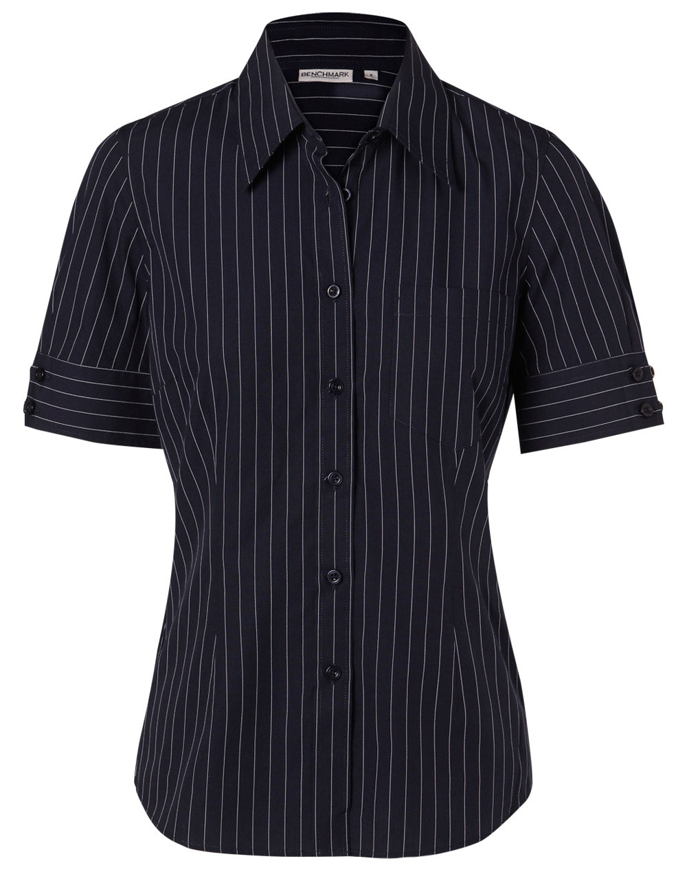 Women's Pin Stripe Short Sleeve Shirt - Navy/White - Front